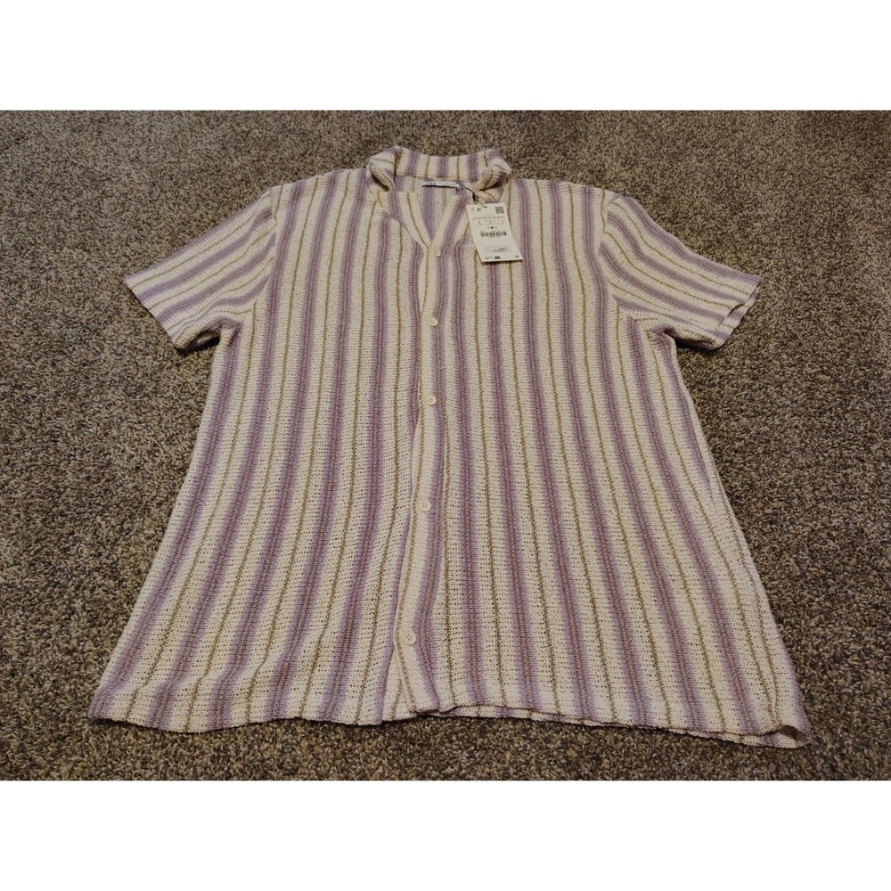 NWT Zara Men's L Crochet Knit Striped Short Sleeve Button Up Shirt Purple Cream